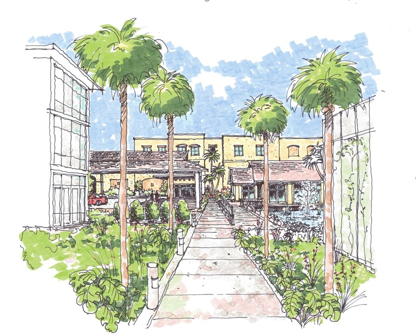 A drawing of the front entrance of Abbey Delray retirement community